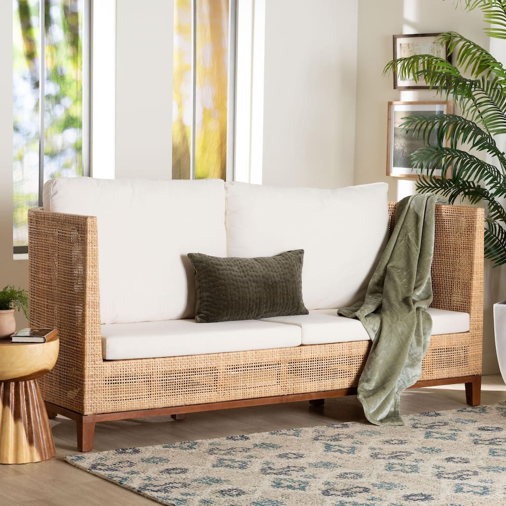 Edda Natural Rattan Sofa with Upholstered Cushions - Coastal Style 3-Seater Couch for Living Room or Sunroom