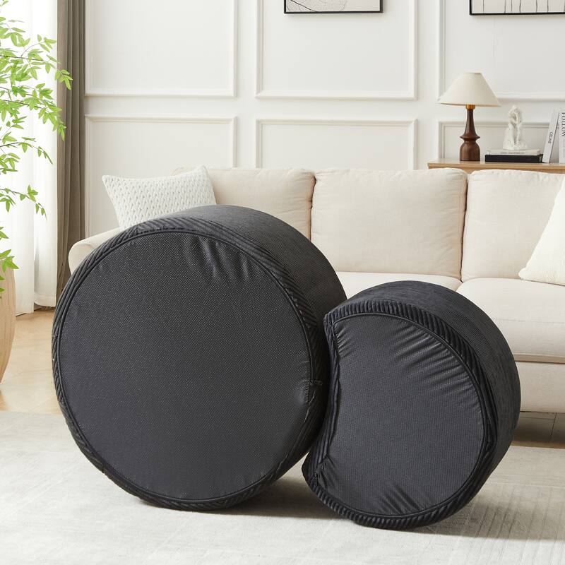 Nesting Tables Set of 2, Corduroy Upholstered Round Coffee Table and Crescent Moon Side Table Set of 2, End Tables Ottomans