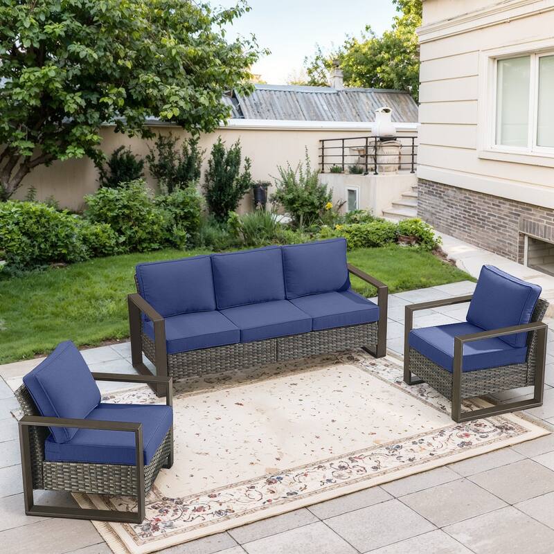 Gymojoy Outdoor Wicker Patio Furniture Sofa Set - 3-Piece Sofa Set - Club Chairs - Grey Wicker / Blue Cusion