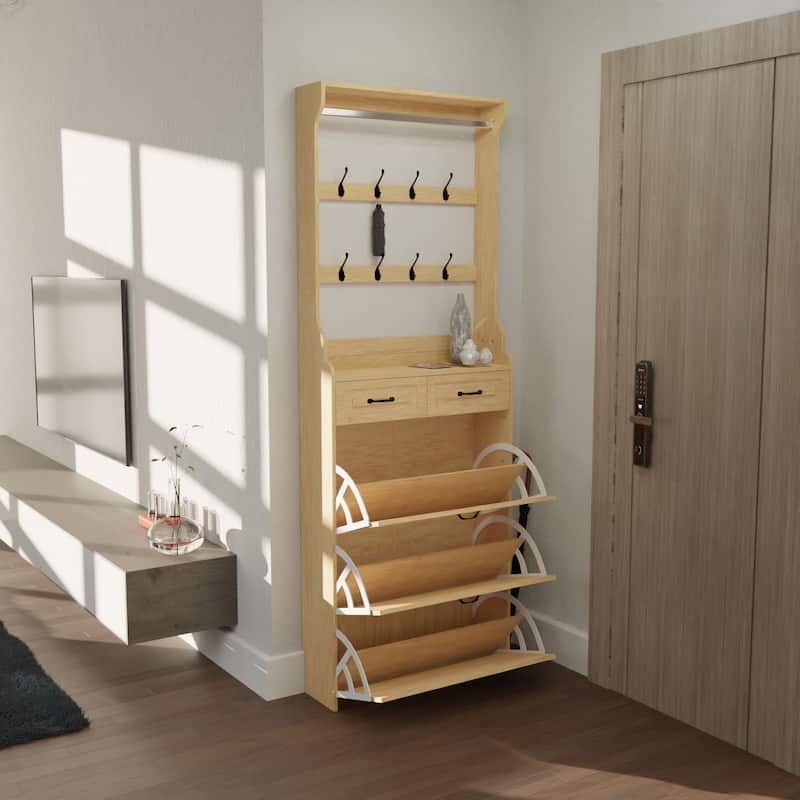 Wood Shoe Storage Cabinet 24-Pair Foldable Compartments Shoe Cabinet with 2-Drawer,3 Flip Drawers & Hanger