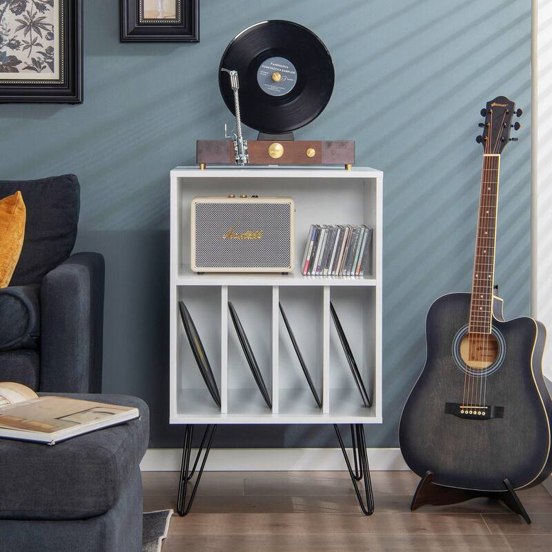 Freestanding Record Player Stand with Storage and Metal Legs