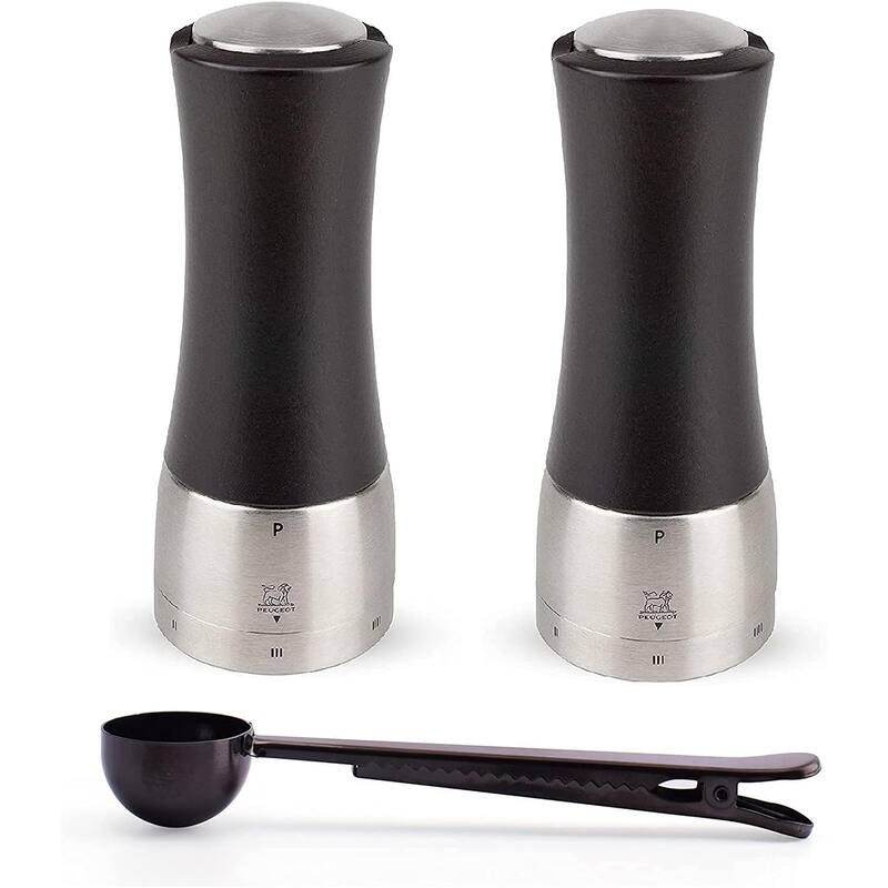 Peugeot Madras U'Select Shaftless 6-1/2-Inch Salt & Pepper Mill Gift Set, Chocolate - With Stainless Steel Spice Scoop & Clip - 2 Piece