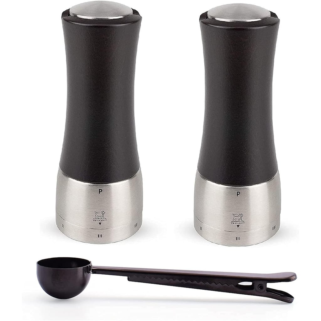Peugeot Madras U'Select Shaftless 6-1/2-Inch Salt & Pepper Mill Gift Set, Chocolate - With Stainless Steel Spice Scoop & Clip