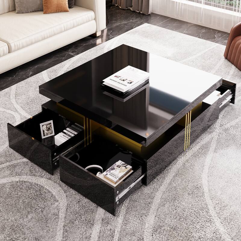 43.3" Modern Glossy Square Storage Coffee Table with 4 Drawers