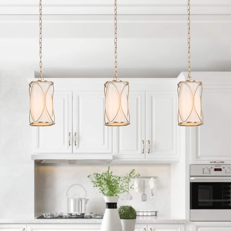 Velus Modern Farmhouse Mini Pendant Cylinder Metal Bronze Cage Kitchen Island Lights for Dining Room - Fabric Shade