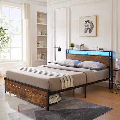 Queen Size Metal Platform Bed Frame with Wooden Headboard and Footboard with USB,Charging Station,2 Drawers,LED Lights