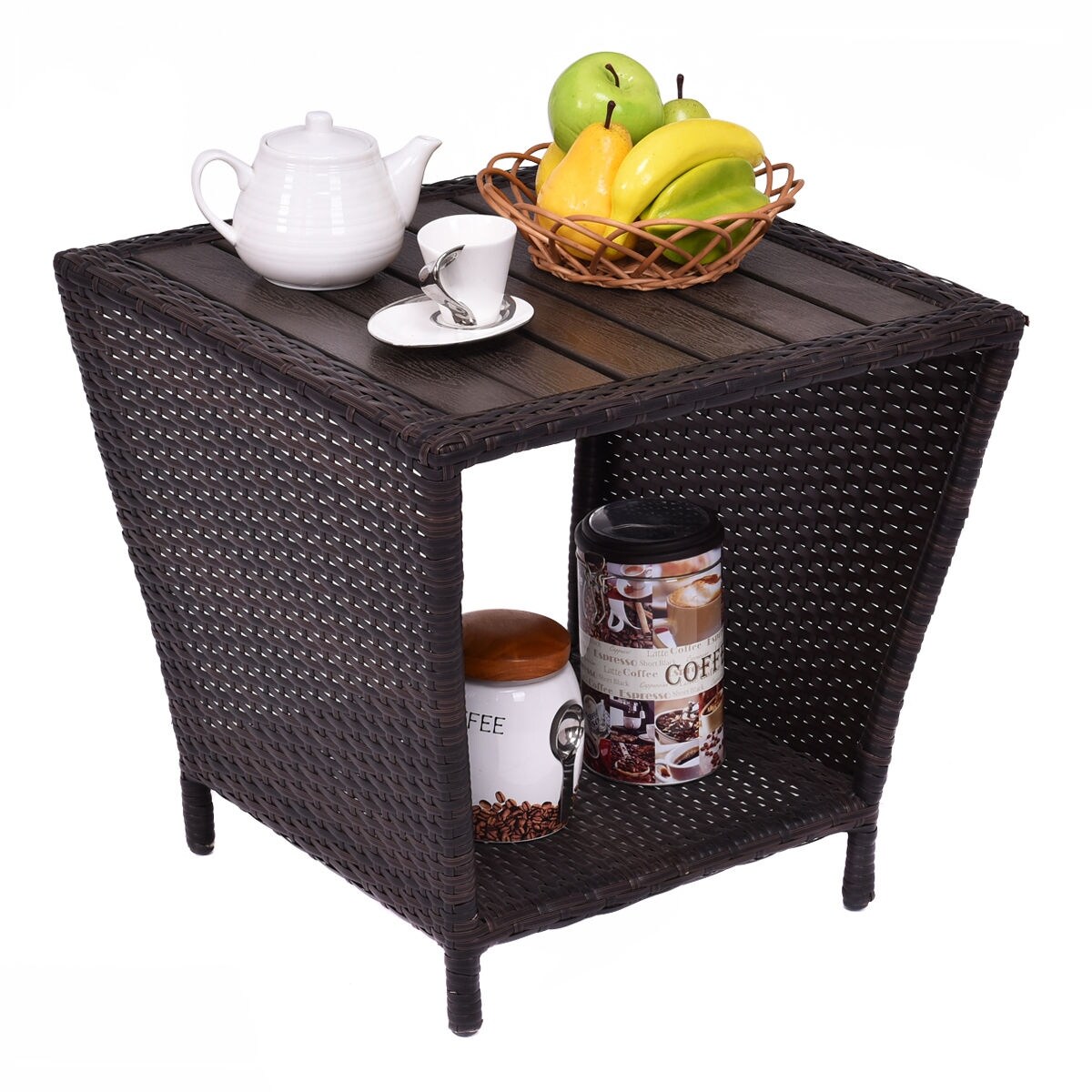 Shop Costway Rattan Wicker Side Sofa Coffee Table Outdoor Indoor W Plastic Wood Slat Top Mix Brown Overstock 16386633