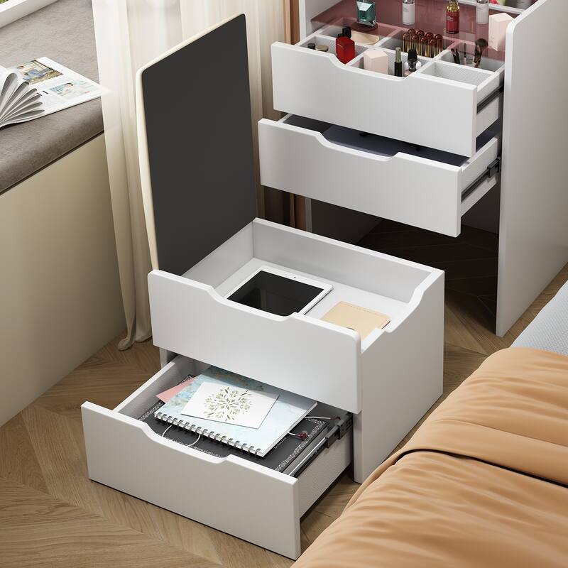 3 in 1 Vanity Desk with Plip Top Mirror,Small Make Up Vanity Set with Visible Glass Desktop,3 Drawers,Cushioned Tool