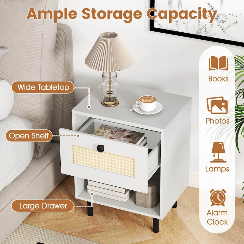 Costway 1/2 PCS Rattan Nightstand Boho End Table with Drawer & Open - See Details