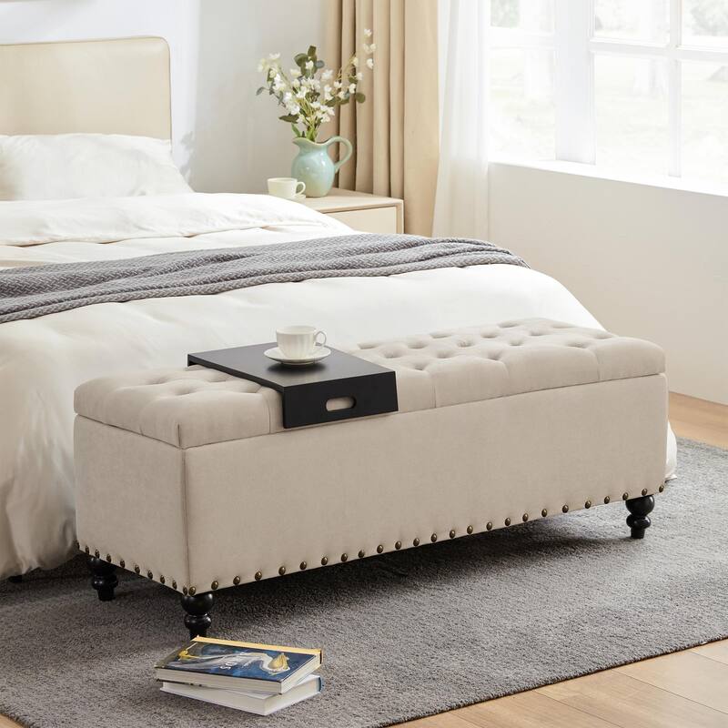 50-inch Button-Tufted Storage Bench Ottoman with Removable Tray for Living Room Bottom rivets design