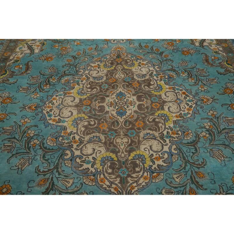 Hand Knotted Oriental 100% Wool Carpet Traditional Floral Navy Blue & Blues Tabriz Area Rug - 11' 0'' X 8' 5''