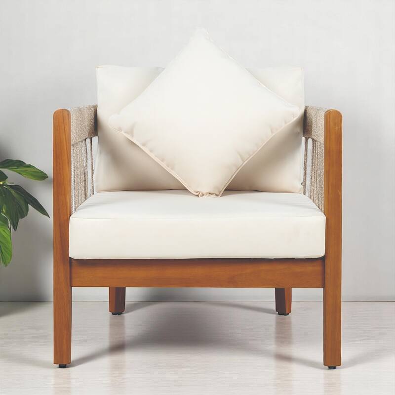 Set of 2 Outdoor Lounge Chair with Cushions, Acacia Wood Frame and Handwoven Rope, Ergonomic Tub Design for Patio or Garden