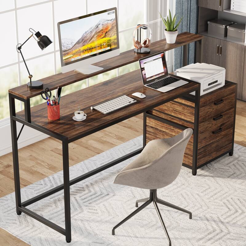 63 Inch Computer Desk with File Drawers, Ergonomic Office Desks with Monitor Stand