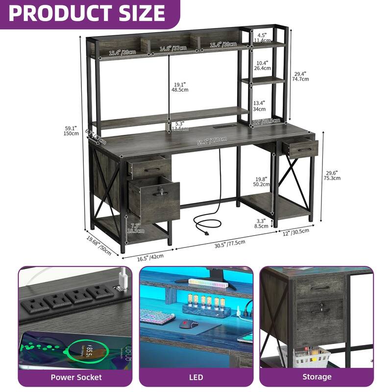 Moasis 59" Computer Desk with Hutch and Shelves, LED Gaming Desk with Monitor Stand