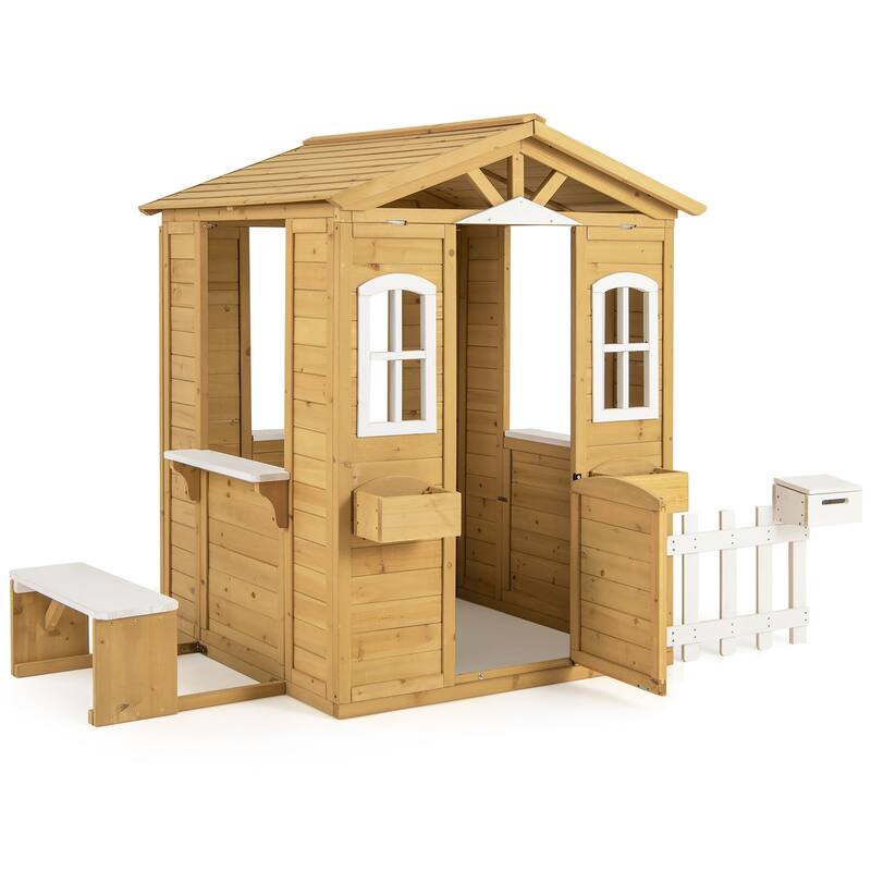Natural Fir Wood Kids Playhouse with White Windows, Bench and Flowerpot Holders - 80.5" L x 47" W x 55" H