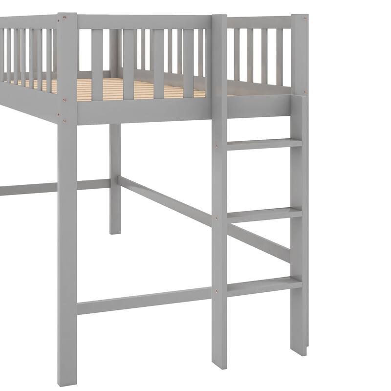 Gray Twin Low Loft Bed with Removable Slide and Space-Saving Ladder