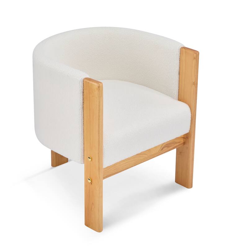 Upholstered Dining Chairs Set of 2, Natural Rubber Wood Frame and White Boucle Fabric, Modern Armchairs for Dining Room