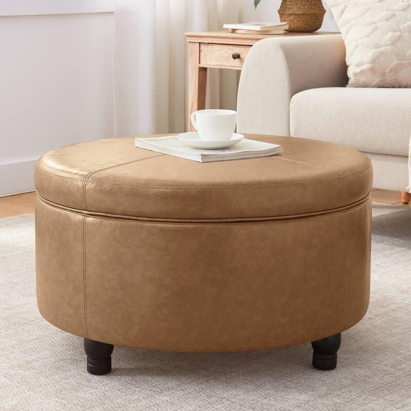 Faux Leather Round Storage Ottoman