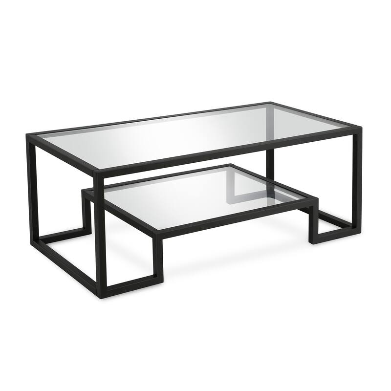 45 Inch Clear Glass Coffee Table with Steel Sled Base and Storage Shelf - 45” x 20” x 17”