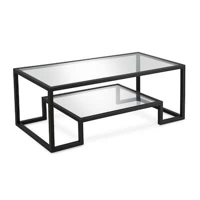 45 Inch Clear Glass Coffee Table with Steel Sled Base and Storage Shelf - 45” x 20” x 17”