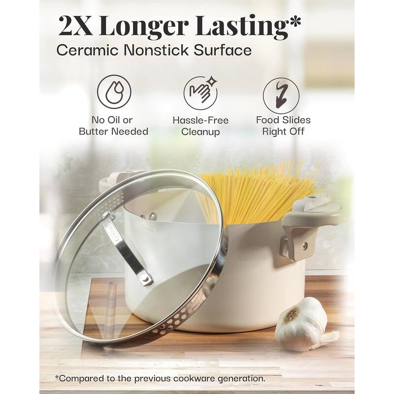 Gotham Steel 5 QT Nonstick Multi Purpose Pasta Pot with Twist and Lock Handles, Cream