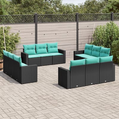 vidaXL Patio Sofa Set with Cushions Black Poly Rattan - 21.7" x 24.4" x 27.2"