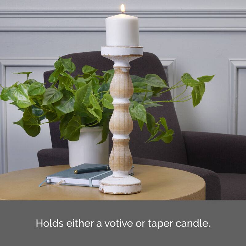Elements White Wood Candle Holder, 13 Inch