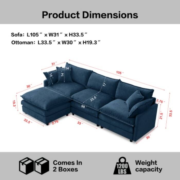 105" Modular Sectional Sofa with Ottoman, Upholstered Chenille Fabric 3-Seater