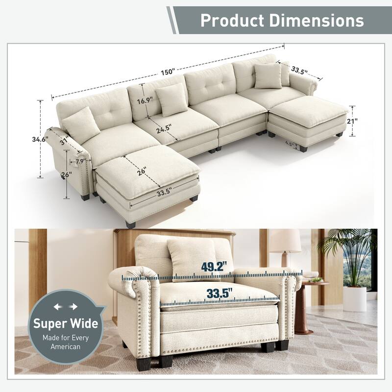 MAISON ARTS Mid-Century Modern Oversized L/U Shaped Cloud Couch with Ottoman, Deep Seat Sectional Sofa with Throw Pillows