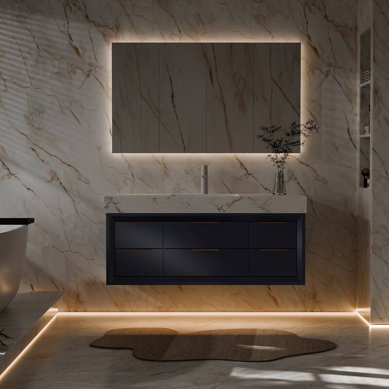 Modland 48" Modern Floating Bathroom Vanity with Single Sink, Soft-Close Drawers, White Stone Countertop