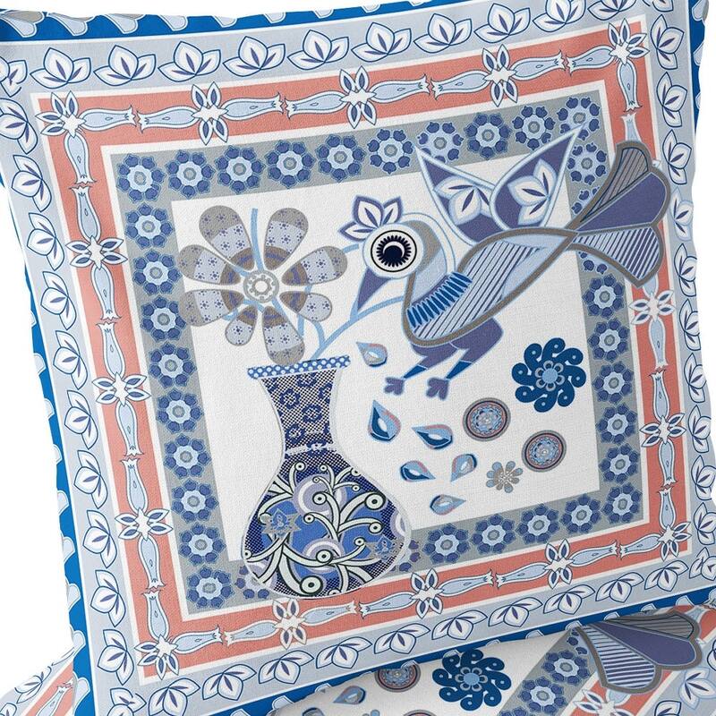 HomeRoots Set of Two 16" X 16" Blue and Gray Peacock Blown Seam Floral Indoor Outdoor Throw Pillow - 16.00' X '16.00' X '5.00