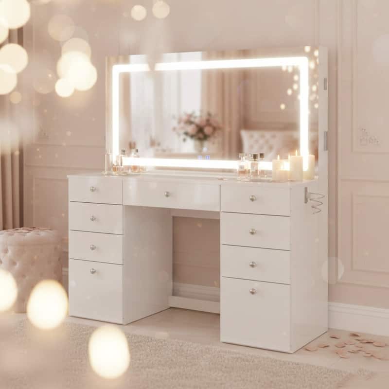 Smart Makeup Vanity Desk with LED Lighted Mirror, Bluetooth Speakers, Glass Top & 11 Drawers, White