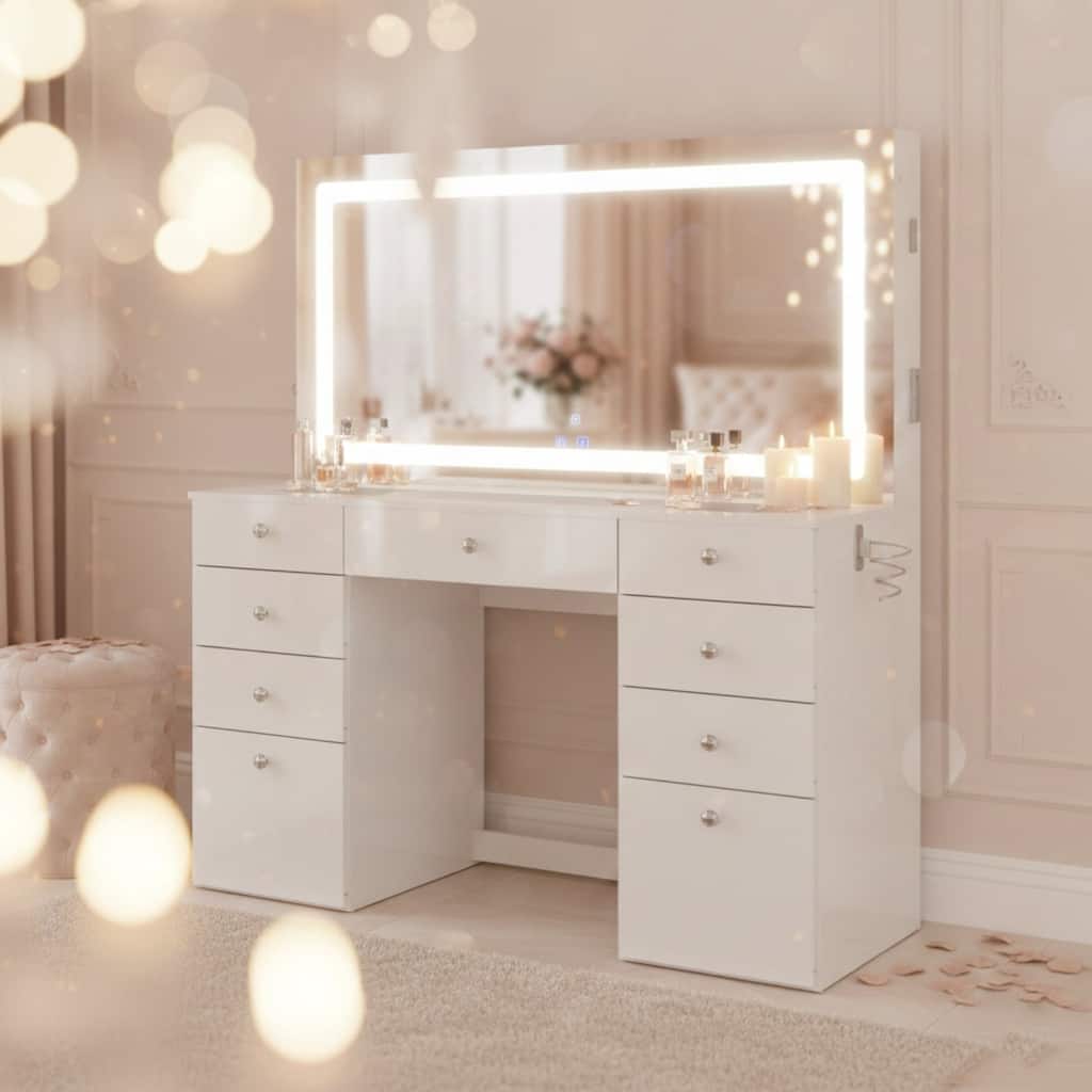Smart Makeup Vanity Desk with LED Lighted Mirror, Bluetooth Speakers, Glass Top & 11 Drawers, White