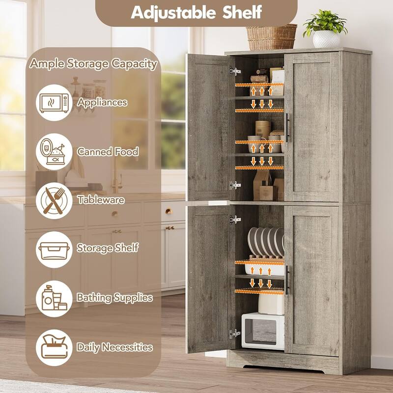 70" Tall Kitchen Pantry Cabinet with 4 Doors and 3 Adjustable Shelves