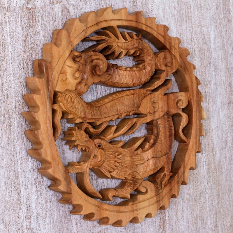 Handmade Aura Of Antaboga Wood Relief Panel (Indonesia) - 0.8" H x 10" Diam.