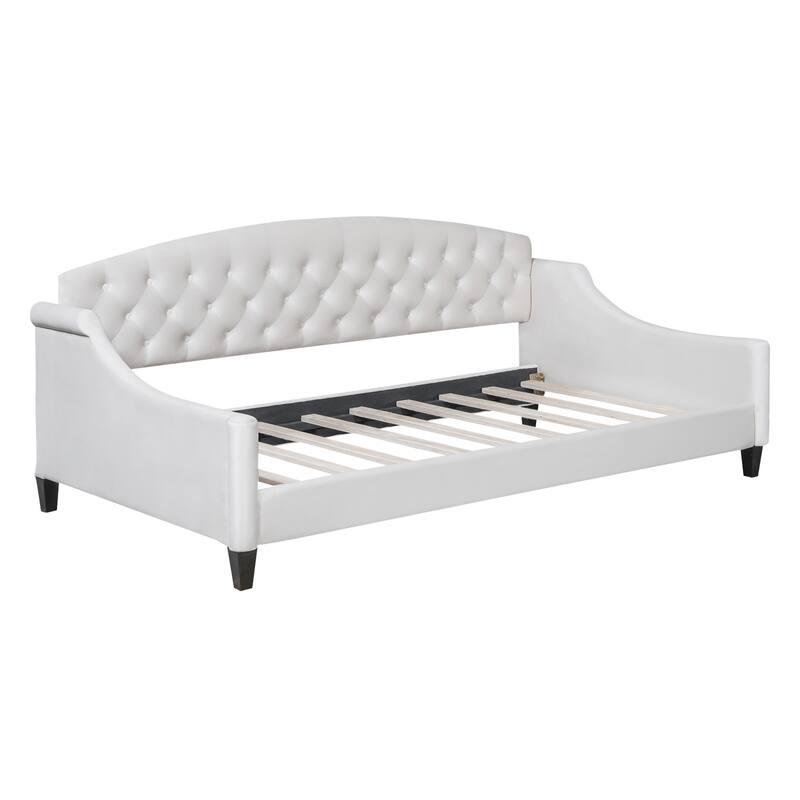 Luxury Velvet Living Room Daybed, Wooden Platform Sofa Bed with Tufted Button Backrest