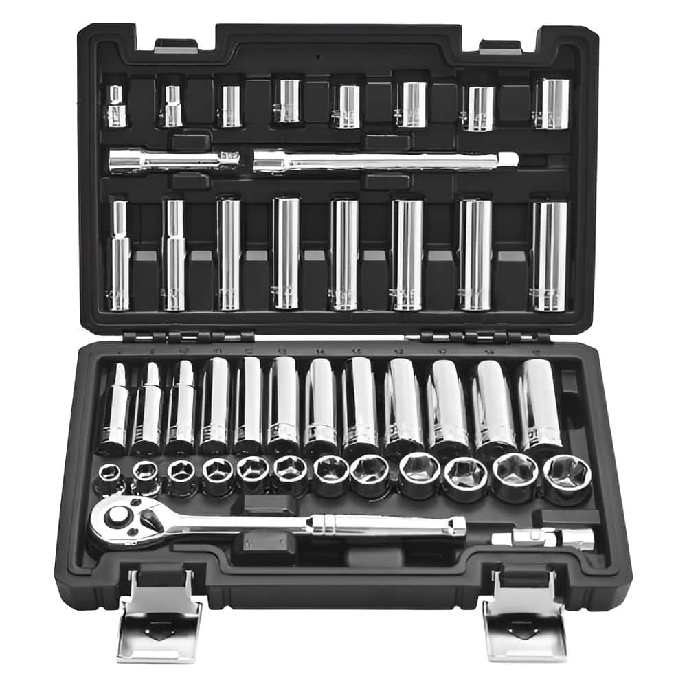 44-Piece 3/8-Inch Drive Socket Set with Ratchet and CR-V Alloy Steel Chrome Finish - 11.42 x 7.09 x 2.44 in