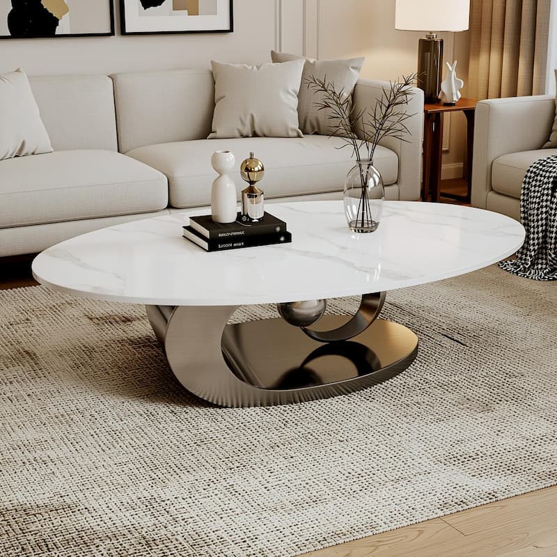 Homy Casa Luxury Oval Coffee Table, High-Gloss Faux Marble Top, Electroplated Brushed Stainless-Steel Sculptural Christmas Gift - Grey - Marble