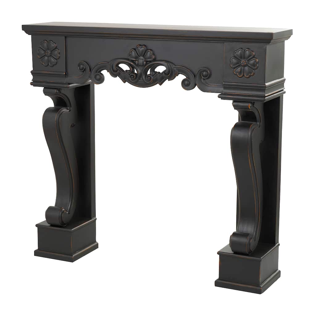 Wooden Scroll Freestanding Fireplace Mantle with Floral Accents - Black or White - Roche River Decor