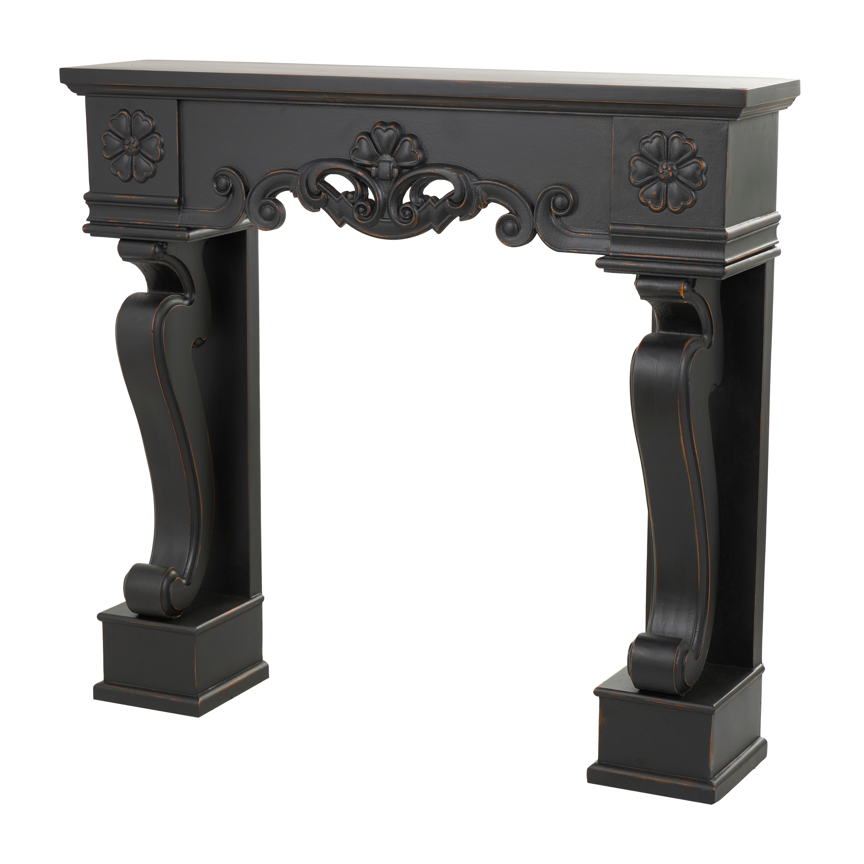 Wooden Scroll Freestanding Fireplace Mantle with Floral Accents - Black or White - Roche River Decor