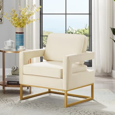 Modern Style Accent Chair with Gold Metal Base , Velvet Upholstered Leisure Chair with Open Armrest, Armchair