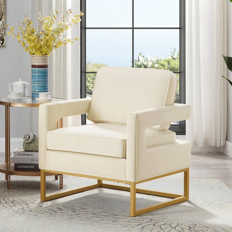 Modern Style Accent Chair with Gold Metal Base , Velvet Upholstered Leisure Chair with Open Armrest, Armchair - Cream