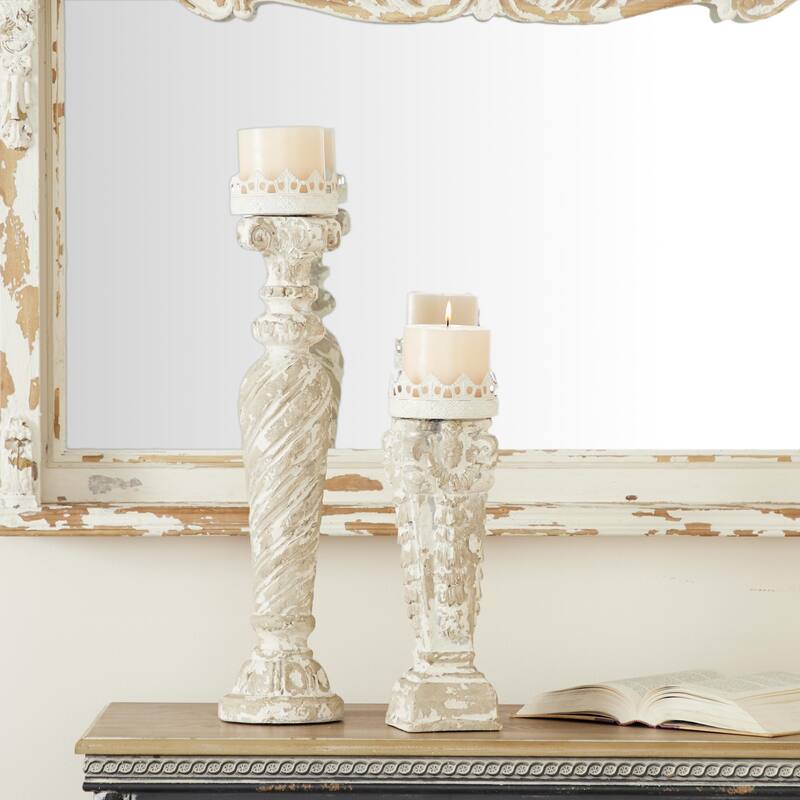 Glass Scroll Candle Holder with White Crown - Set of 2 Beige - Roche River Decor