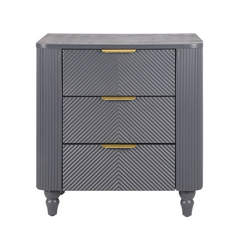 Mid-Century Fluted 3-Drawer Nightstand - Curved Profile + Gold Glossy Handles, Easy Assembly (Dark Gray)