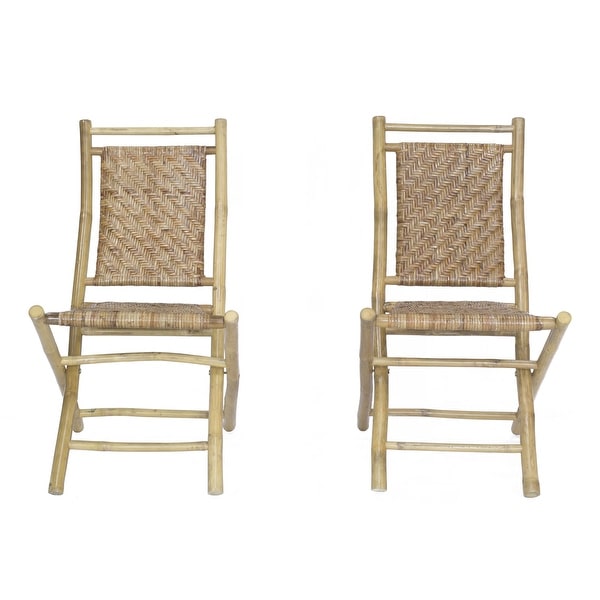 36" Brown Bamboo Folding Chair with a Rattan Skin Chevron Weave