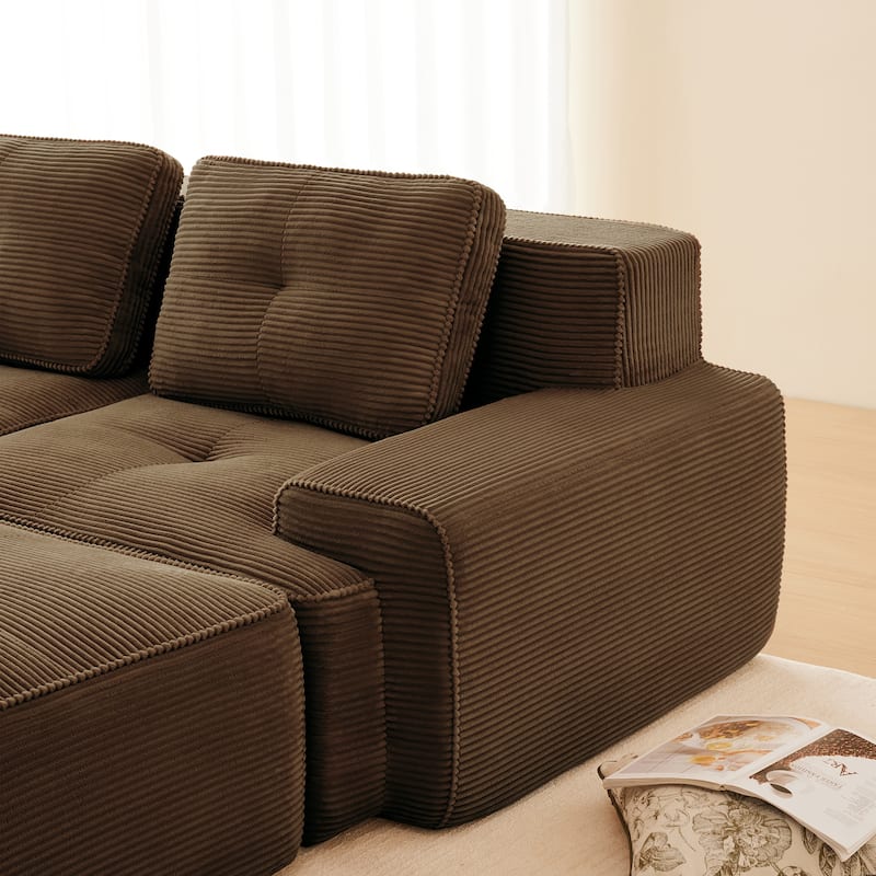 L-Shaped Modular Sectional Sofa with Movable Ottoman, Corduroy Boneless Cloud Couch, Tufted Deep Seat Sofa with 3 Pillow
