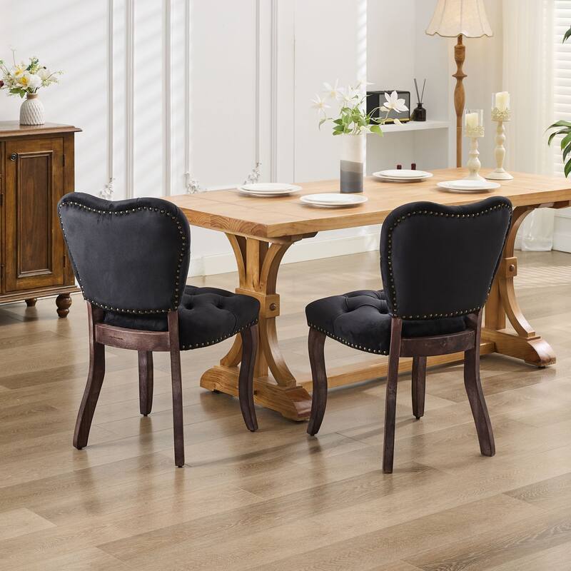 Velvet Dining Chairs Set of 2, Tufted Upholstered Kitchen Chair, Armless Lounge Side Chairs with Solid Wood Legs