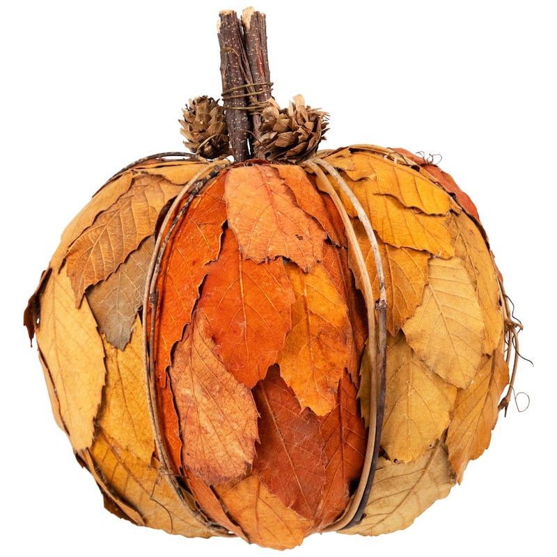 Layered Leaves and Twigs Fall Harvest Pumpkin with Pinecones - 7.5" - Orange