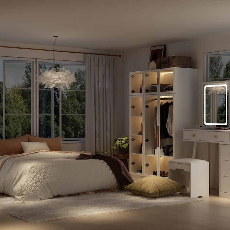 47.2" Wide Armoire LED Light All Glass Door Closet Cabinet Wardrobe