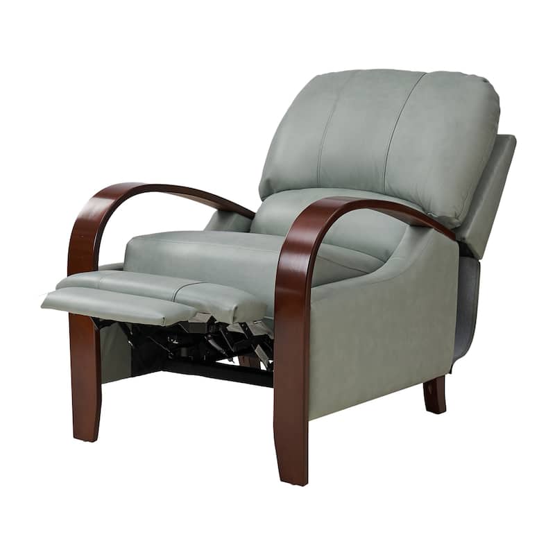 Alex Mid-century Modern Genuine Leather Manual Recliner with Wooden Curved Arms